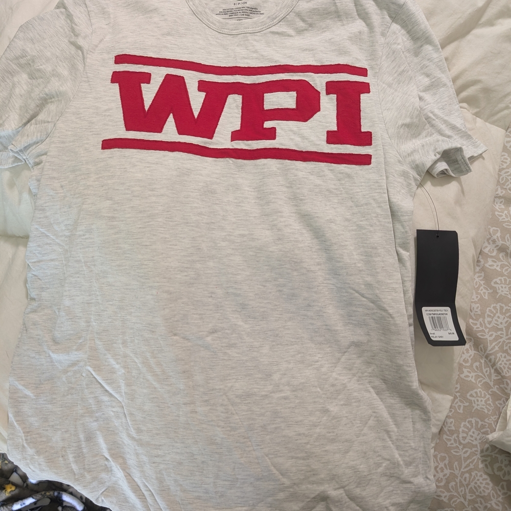 47 Women's Short Sleeve Tee - Gray with Red Logo WPI Worcester Polytechnic
